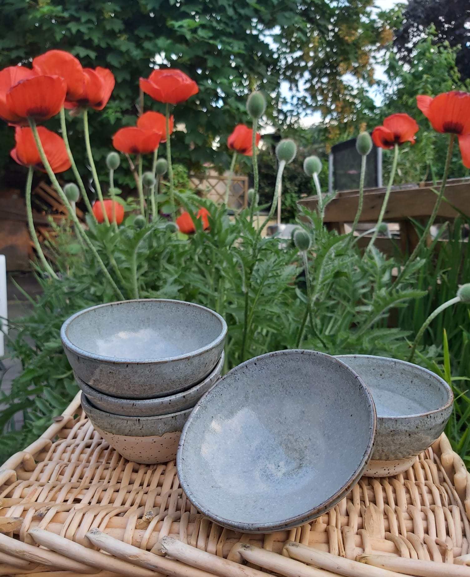 Bols en céramique dans un jardin fleuri de coquelicots